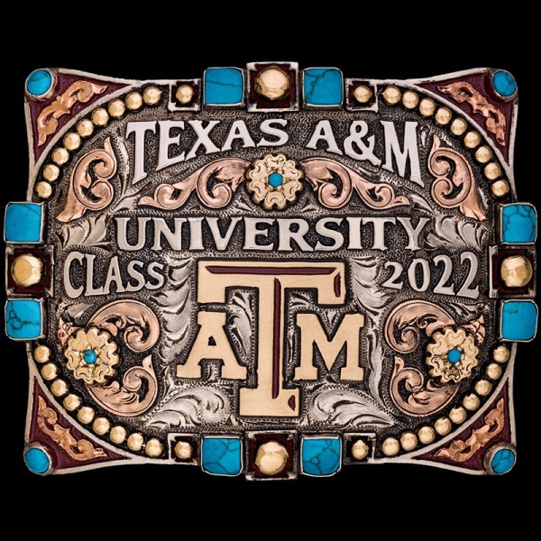 A stunning graduation buckle crafted with precision that boasts an intricate details, turquoise stones, and your university emblem for timeless elegance. 
